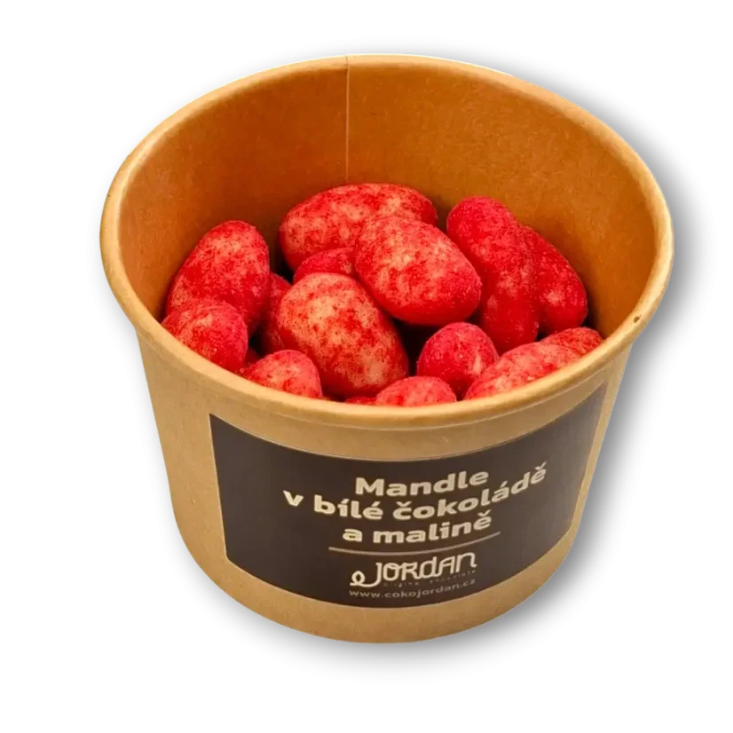 Mandle v bílé čokoládě a malině, 100g
