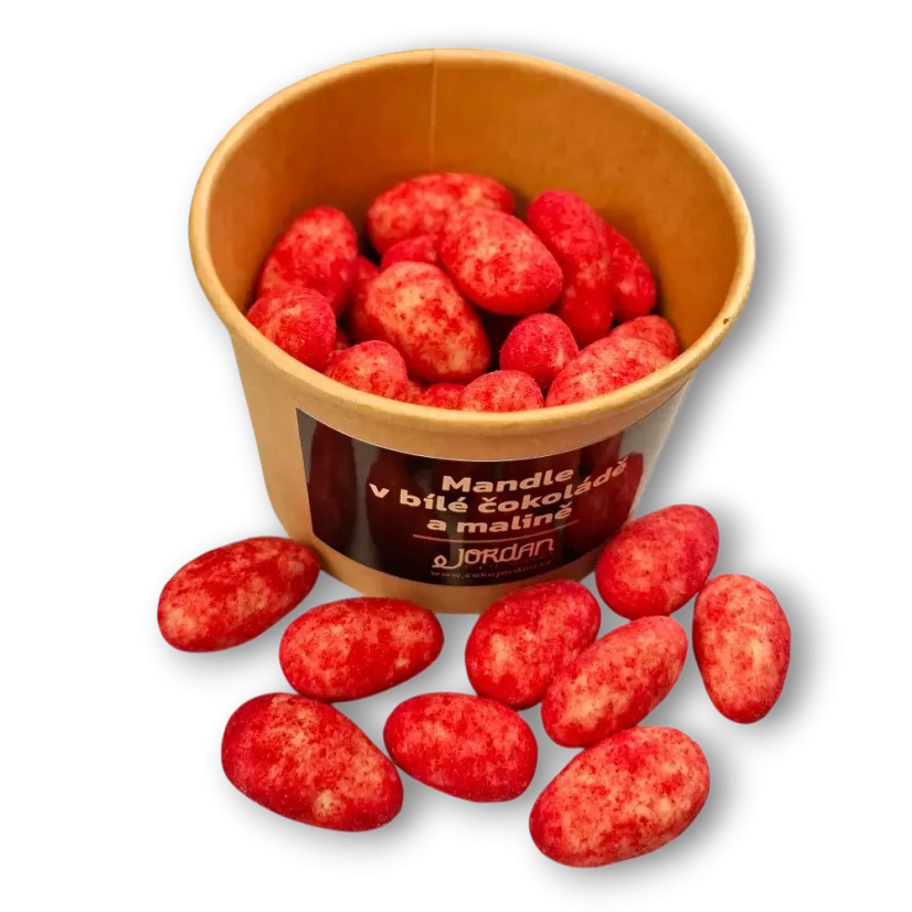 Mandle v bílé čokoládě a malině, 100g